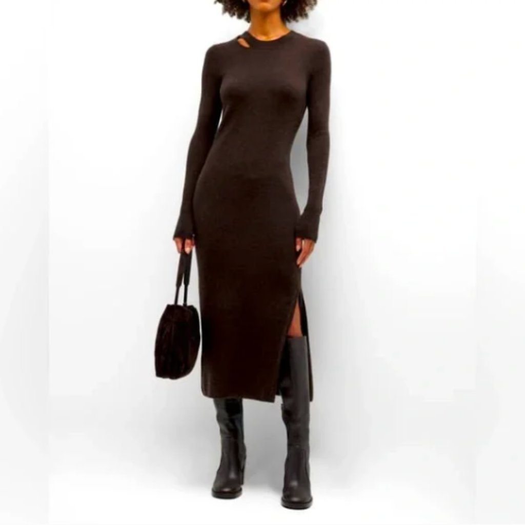 Nwt Frame Cutout Long Sleeve Cashmere Blend Midi Dress Brown Size Xl Or 12-14